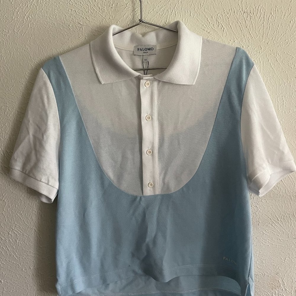 Palomo Harry Celeste Polo - Cropped white and blue, size Medium (M)